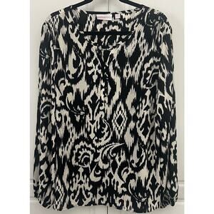 Belle by Kim Gravel Black/Ivory Abstract Print Blouse Split-Neck Size XL  NWOT